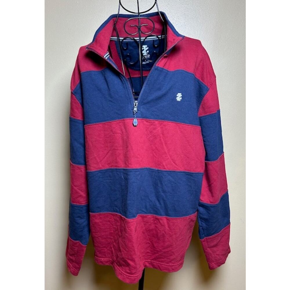 Izod Red and Navy Striped 3/4 Zip Pullover Sweatshirt Men’s Large